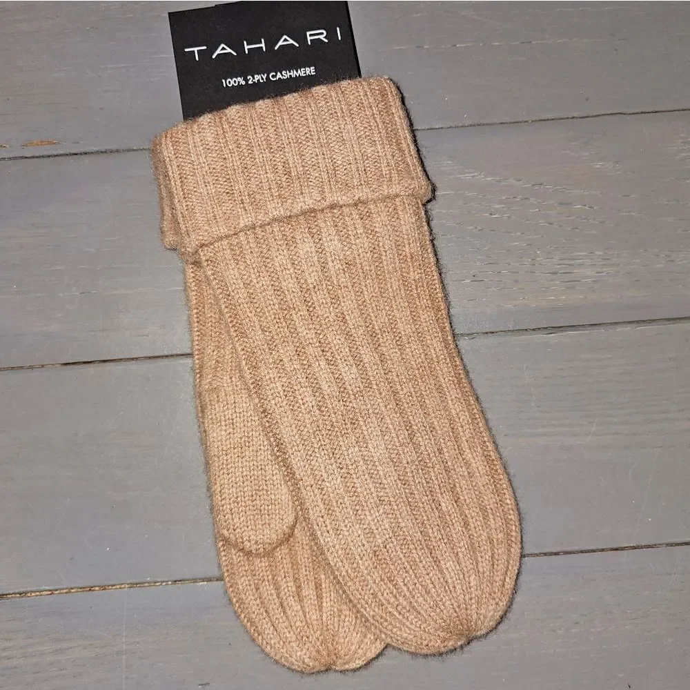 TAHARI Women's 100% 2 ply Cashmere tan mittens